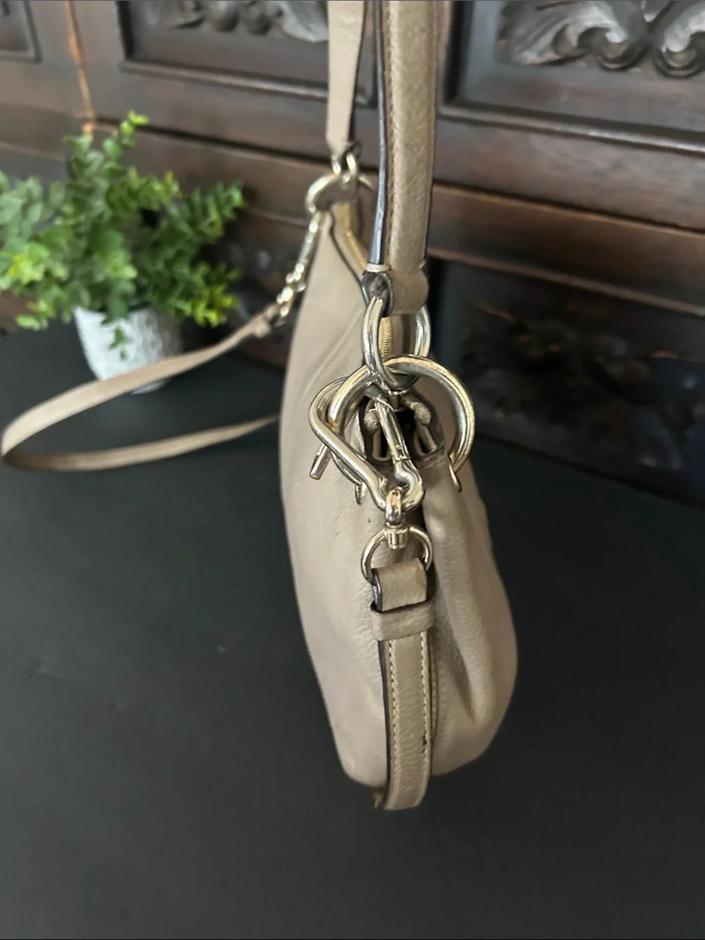 Coach Leather Crossbody Bag in Taupe with Embossed Carriage